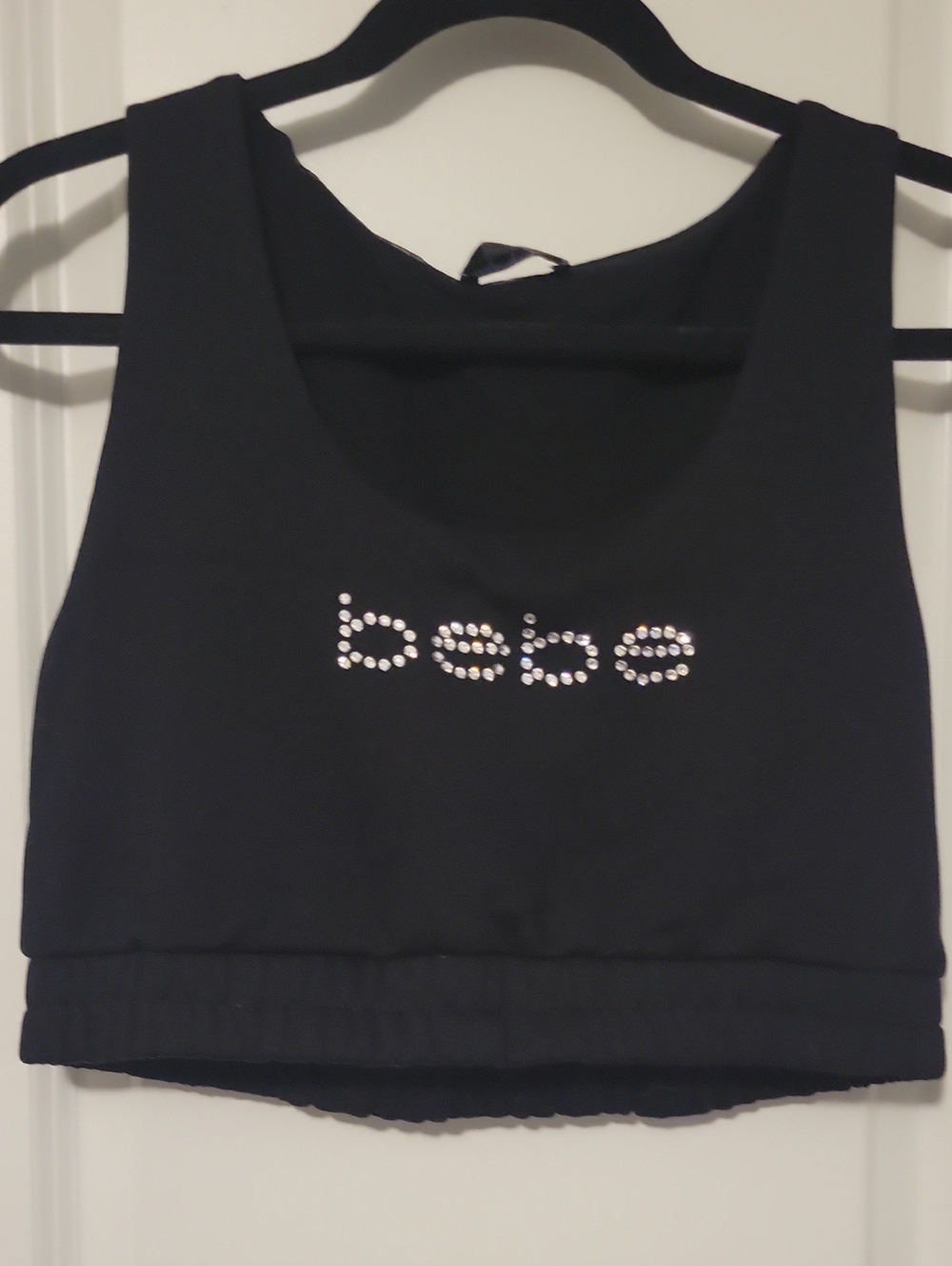 bebe Black Crystal Logo Crop Tank Top